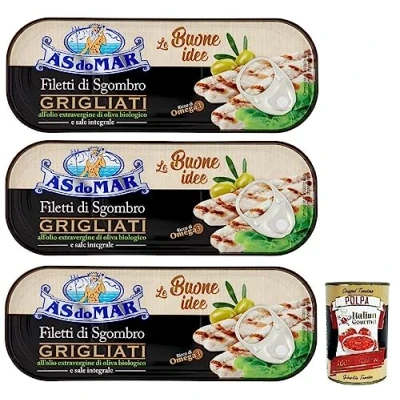 Abbildung von 6x AS do MAR Filetti di Sgombro Grigliati,Gegrillte Makrelenfilets in Bio Olivenöl Extra und Vollsalz,120g Dose + Italian Gourmet Polpa Pomodoro 400g