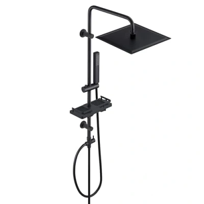 Abbildung von Görbach Regendusche Duschsystem mit Ablage, Edelstahl Duschset ohne Armatur Duschkopf, Duschstange, Duschschlauch, XXL Kopfbrause Schwarz (30x30cm)
