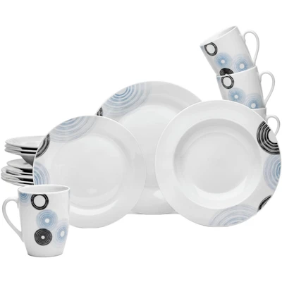 Abbildung von van Well Kombiservice &quot;Geschirr Set Lima, 16 teilig, rund&quot;, (Set, tlg.), weiß mit Dekor in blau/schwarz, spülmaschinen und mikrowellengeeignet