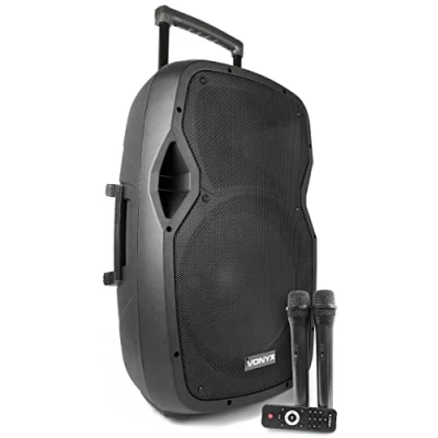 Abbildung von VONYX AP1500PA Mobile PA Anlage, Partybox Bluetooth mit Akku, 800 Watt Party Lautsprecher Mikrofon 2X UHF, Musikbox Groß, MP3 USB/SD Anschluss, Handgriff, Transportrollen