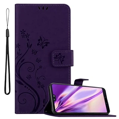 Abbildung von Cadorabo Hülle kompatibel mit Huawei P20 Blumen Design aus Premium Kunst Leder Flip Klappbare Stoßfeste Magnetische [Standfunktion] [Kartenfächern] Cover für Tasche in Lila