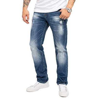 Abbildung von Indumentum Jeans Herren Regular Fit Hose Männer Hosen Herrenjeans Denim Herrenhose Mens Pant Zerrissene Destroyed Look Blau IR 501 W36 L34