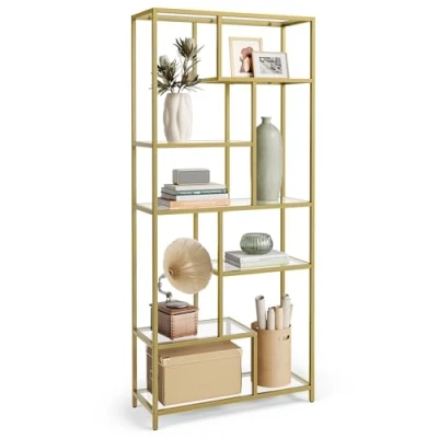 Abbildung von VASAGLE Bücherregal, Regal mit 6 Ablagen, Standregal, Ablagen aus Hartglas, 30 x 80 180 cm, für Arbeitszimmer, Büro, Wohnzimmer, Schlafzimmer, Küche, metallisches Gold transparent LGT502A01