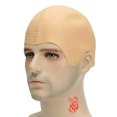 Abbildung von Glatze Perückenkappe mit dickem Kopf, ohne Haare, Fake Schädel Wig Cap für Kostümpartys Schickes Kleid Coutume Cosplay Halloween Männer Ladies
