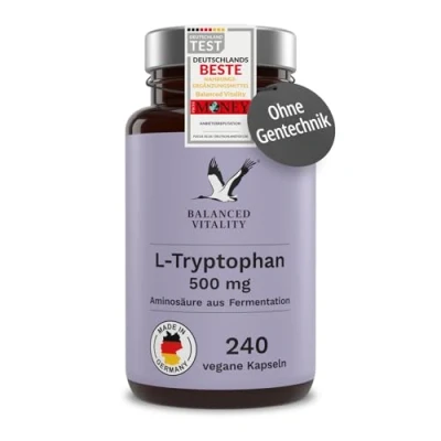 Abbildung von L Tryptophan Hochdosiert: 526 mg je Kapsel 240 vegane Kapseln 8 Monate Vorrat Ohne Zusatzstoffe Aus pflanzlicher Fermentation Laborgeprüft Balanced Vitality