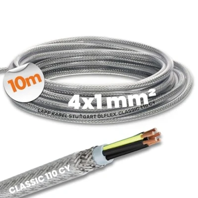 Abbildung von 10 Meter Lapp 1135204 Ölflex Classic 110 CY geschirmte Steuerleitung 4x1 mm² mit grün gelbem Schutzleiter I geschirmtes Kabel 4 adrig Steuerkabel Schirm Außenmantel transparent