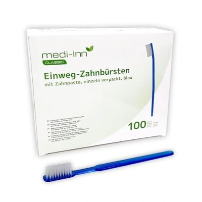 Abbildung von Medi Inn Zahnbürste Einweg Zahnbürsten mit Zahnpasta, einzeln verpackt, blau