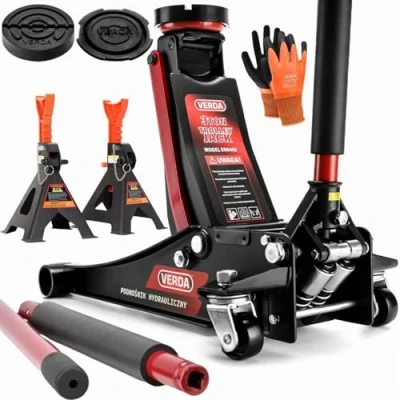 Abbildung von Wagenheber 3T 80 465mm + 2X Gummi Montagehandschuhe Unterstellbock Auto Heber Rangierwagenheber Tief Doppelkolben SN8465 (Wagenheber mit Sicherung)