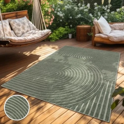 Abbildung von Paco Home Teppich In &amp; Outdoor, Moderne abstrakte Boho Designs mit 3D Struktur, robust wetterfest, ideal für Terrasse Wohnzimmer Küche, Grösse:120x170 cm, Farbe:Grün 3