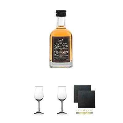Abbildung von The Glen Els Journey Harzer Single Malt Whisky 0,05 Liter Miniatur + 2 Bugatti Nosing Gläser mit Eichstrich 2cl und 4cl Schiefer Glasuntersetzer eckig ca. 9,5 cm Ø