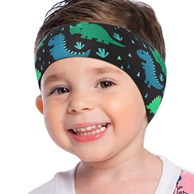 Abbildung von MoKo Schwimmen Stirnband, Neopren Schwimmband Ohrenband Wasserdichtes Kopfband Haarband mit Hohe Elastizität und Klettverschluss Ohrenschutz Band für Kinder Alter 1 2, M Größe Blau Nashorn&amp;Dinosaurier