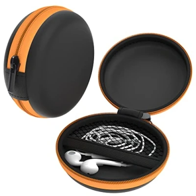 Abbildung von EAZY CASE Universal Tasche für In Ear Kopfhörer mit Netzfach Hardcase Aufbewahrungsbox, Schutztasche umlaufenden Reißverschluss, extra klein, rund, Orange