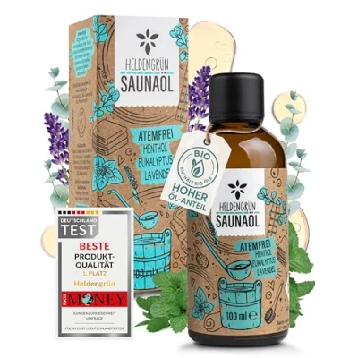 Abbildung von Heldengrün Bio Saunaaufguss Atemfrei [ECHTE ÖLE, 3 DÜFTE] Saunaöl mit Menthol, Eukalyptus &amp; Lavendel Natur Sauna Aufgussmittel ätherischem Öl
