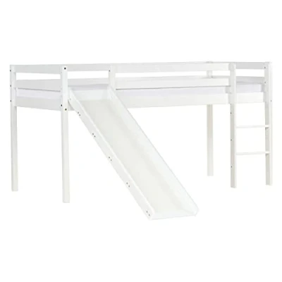 Abbildung von Homestyle4u 2124, Hochbett Kinder mit Rutsche Lattenrost Kinderbett 90x200 cm Weiß Spielbett Jugendbett Kiefer Massiv
