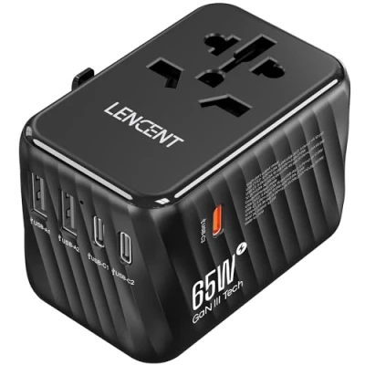 Abbildung von LENCENT Internationaler Reiseadapter, 65W GaN3 Universeller Adapter mit 2 USB A+3 Typ C PD, Weltweiter Stromadapter für Handys, Laptops, All in One Reisestecker EU/USA/UK/AU Steckdosen, Schwarz
