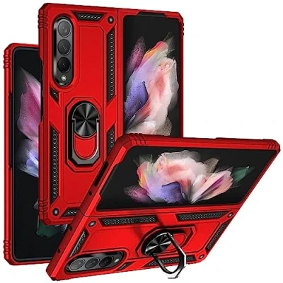 Abbildung von Verco Hybrid Armor Shield Case für Samsung Galaxy Z Fold 4 Hülle, extrem robust mit Magnet Fingerring Halter Handyhülle 5G Panzerhülle, Rot