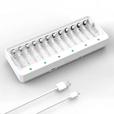 Abbildung von 12 Fach Akku Ladegerät AA AAA, Dlyfull Batterieladegerät für AAA NI MH CD Akkus mit Type C und Micro USB Eingangsport, Schnelle Akkuladegerät LED Anzeige Wiederaufladbar Batterien