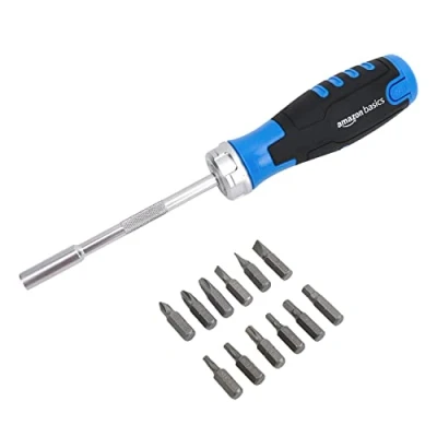 Abbildung von Amazon Basics Magnetischer Ratschen Schraubendreher, 12 Stück, 1er Pack, Blau/Schwarz/Silber