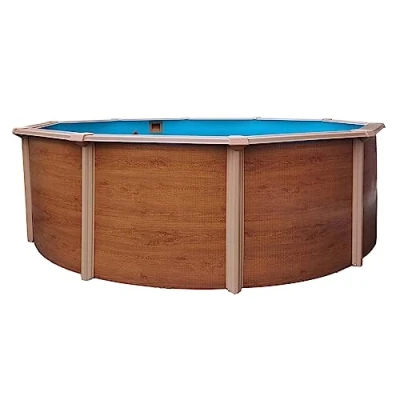 Abbildung von Stahlwandpool rund 460x120cm. Stahl 0.45mm Holzoptik. Folie 0.3mm blau