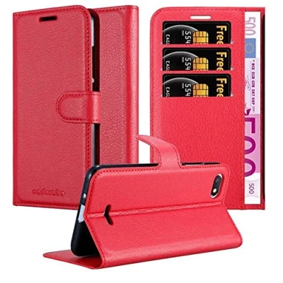 Abbildung von Cadorabo Hülle kompatibel mit Xiaomi RedMi 6A Handyhülle aus Premium Kunst Leder Flip Klappbare Stoßfeste Magnetische [Standfunktion] [Kartenfächern] Cover für Tasche in Rot