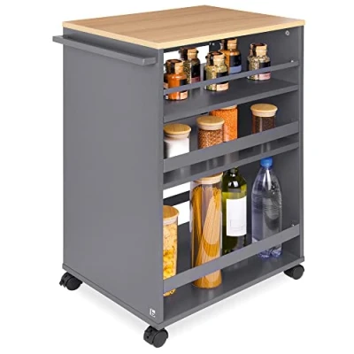 Abbildung von bomoe Nischenwagen Servierwagen auf Rollen mit 3 verstellbaren Ebenen &amp; FSC® Holz Küchenwagen Arbeitsplatte freistehender Universal Rollwagen Küche Bad Büro 50x38x79 cm Eiche Anthrazit Bengt