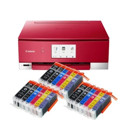 Abbildung von IC Office TS8352a Farbtintenstrahl Multifunktionsgerät All in One 3 1 (Drucker, Scanner, Kopierer, CD Druck, USB, WLAN, Apple AirPrint, SD Karte) Rot + 18 XXL Tintenpatronen