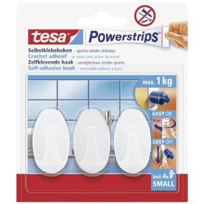 Abbildung von tesa Powerstrips Haken Small OVAL Selbstklebender Wandhaken für Glas, Kacheln, Holz, Kunststoff und andere Untergründe Weiß