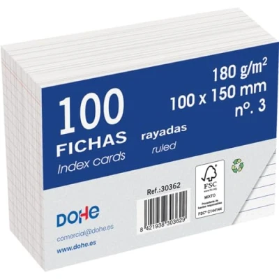 Abbildung von Dohe Karteikarten aus Karton, liniert, 100 Stück, Notizkarten, Größe A6 (15 x 10 cm), 180 g, Nr. 3, Büromaterial, Weiß