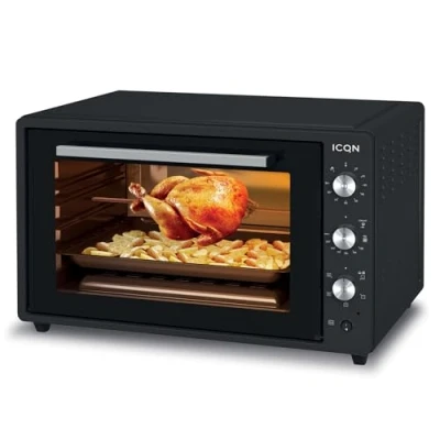 Abbildung von ICQN Minibackofen 60 Liter XXL, inkl. Backblech Set, 40 230C, Umluft, Pizza Ofen, Doppelverglasung, Drehspieß, Timer, Emailliert