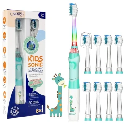 Abbildung von SEAGO Elektrische Zahnbürste Kinder ab 3 12 jahre Kinderzahnbürsten Elektrisch mit Farbigem Licht Smart Timer 8 Weich Bürstenköpfes Wasserdicht Baby Schallzahnbürste SG977 (Grün 8)