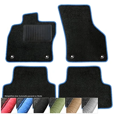 Abbildung von moto MOLTICO Fußmatten Auto Velours Autoteppiche Schwarz Automatten Set 4 teilig passend für Skoda Octavia III, IV ab 2013 (Blaue Ziernähte)