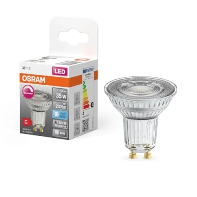 Abbildung von OSRAM Superstar Reflektorlampe für GU10 Sockel, klares Glas ,Kaltweiß (4000K), 230 Lumen, Ersatz herkömmliche 35W Leuchtmittel, dimmbar, 1 er Pack