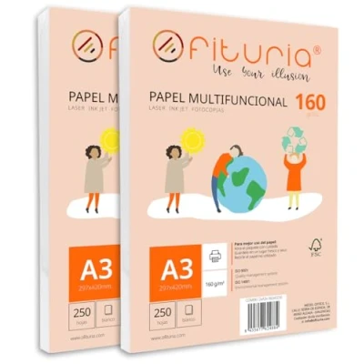 Abbildung von Packung mit 500 weißen DIN A3 Blättern, 160g Druckerpapier. Multifunktionales Kopierpapier für Schule und Büro. Ideal Laserdrucker, Tintenstrahldrucker oder Kopierer Ofituria