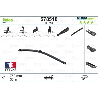 Abbildung von Scheibenwischer Valeo Hydroconnect 578518 750mm vorne Rahmenlos Hakenbefestigung, Top Lock, Stiftbefestigung CITROËN: C4 Picasso 2, I Grand