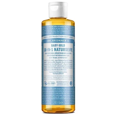 Abbildung von Dr. Bronners 18 IN 1 Naturseife Organic Flüssigseife Baby Mild ohne Duft Duschgel, Handseife, Shampoo und vieles mehr Mit Bio Ölen Fair Trade 120 ml