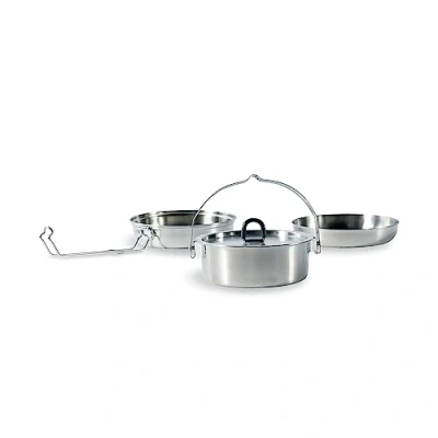 Abbildung von Tatonka Camp Set Regular (3 teilig) Camping Kochgeschirr aus Edelstahl Bestehend Pfanne, Schale und Topf mit Deckel (0,6L) Inklusive Transportbeutel