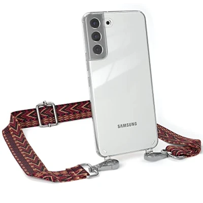 Abbildung von EAZY CASE Handykette Verstellbarer Trageriemen kompatibel mit Samsung Galaxy S22 Plus, dünner Riemen, Festivalbag transparentem Cover, zum Umhängen, Rot/Braun Verschluss Silber