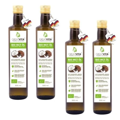 Abbildung von GreatVita Bio MCT Öl auf Kokosölbasis 4x 500 ml 60% Caprylsäure (C8) &amp; 40% Caprinsäure (C10) Fettsäuren 100% reines Oil geschmacksneutral Zuckerfrei, GVO frei