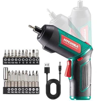Abbildung von HYCHIKA Akkuschrauber, Cordless Screwdriver 6N·m Drehmoment und 2000mAh Akku 3,6V mit 20 Zubehörteilen, LED Licht, Magnetfutter für Schrauben