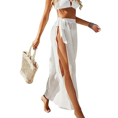Abbildung von Damen Sarong Pareo für Strandurlaub, Lange Strandkleid Sommer Bikini Cover Up Chiffon Badeanzug Wickelrock Strand Rock Frauen Mädchen Side Strappy Strandrock Wear (Weiss)