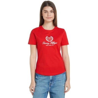 Abbildung von Tommy Hilfiger SLIM FLAG Script Tshirt print, Damen, Größe: XS, Rot