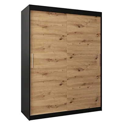 Abbildung von MEBLE KRYSPOL Tokyo 150 Kleiderschrank mit Zwei Schiebetüren für Schlafzimmer moderner Aufbewahrungsschrank Kleiderstange und Regalen 150x200x62cm Mattschwarz + Artisan