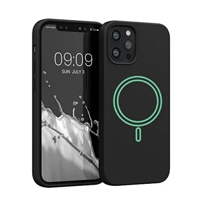 Abbildung von kwmobile Hülle kompatibel mit Apple iPhone 12 / Pro magnetisches Silikon Case MagSafe Cover gummiert Schwarz