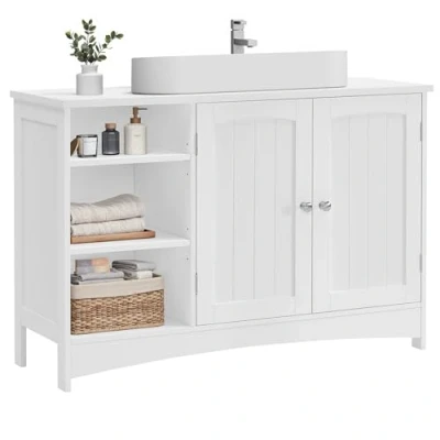 Abbildung von VASAGLE Waschbeckenunterschrank, Unterschrank, Badezimmerschrank, extra lang, 30 x 90 60 cm, 2 Türen, Badschrank, offene Fächer, höhenverstellbare Ablagen, weiß BBC410P31