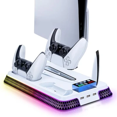 Abbildung von Wigearss Vertikaler PS5 Slim Lüfter Ständer Kühlstation mit Dual Controller Ladegerät, RGB Licht für PS5/PS5 Slim/PS5 Pro