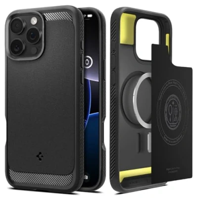 Abbildung von Apple iPhone 16 Pro Max Hülle MagSafe Silikon Spigen Soft Case/Backcover Handyhülle Schwarz Shockproof/Stoßfest