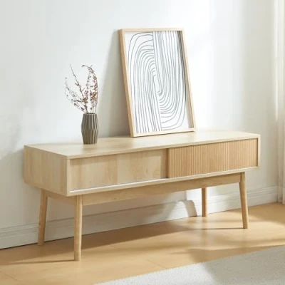 Abbildung von [en.casa] Fernsehtisch Landskrona Wohnzimmertisch TV Schrank Fernsehschrank Ständer Lowboard Board 115x40x48 cm mit 2 Schiebetüren Eicheoptik