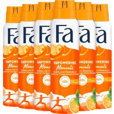 Abbildung von FA Deospray Empowering Moments (6x 150ml), Deodorant mit dem belebenden Duft von Orangenschalen &amp; Basilikum, Vegane Formel, stoppt Bakterien, Deo Schutz ohne Aluminiumsalze