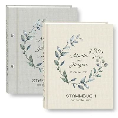 Abbildung von Stammbuch der Familie personalisiert Greenery grau o. beige A5 ca. 18 x 23 cm Familienstammbuch Blüten Ranke grün Stammbücher Handarbeit