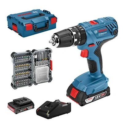 Abbildung von Bosch Professional 18V System Akku Schlagbohrschrauber GSB 21 (inkl. 2x 2.0Ah Akku, 40tlg. Zubehör Set, L BOXX) Amazon Exclusive Set